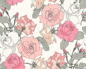 Roses. Seamless pattern of vintage pink orange flowers. Floral beige background.