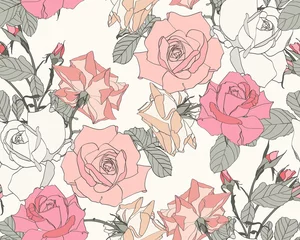 Fototapete Vintage-Stil Rosen. Nahtloses Muster von Vintage-Rosa-Orangen-Blumen. Blumenbeiger Hintergrund.