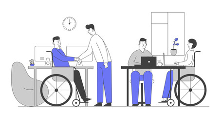 Handicapped People Working in Office. Disabled Man Shaking Hand with Colleague at Workplace. Business Woman Sitting in Wheelchair Work at Laptop with Partner Cartoon Flat Vector Illustration, Line Art