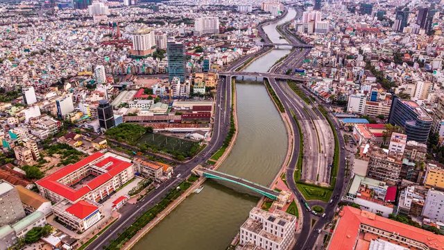 Ben Nghe canal in Ho Chi Minh City, Vietnam time lapse