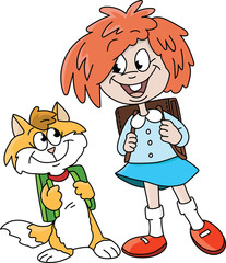 Cartoon girl and her cat friend with their backpacks going to school vector illustration
