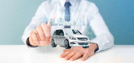 Businessman holding Dashboard smartcar interface with multimedia icon and city map on a background 3d rendering