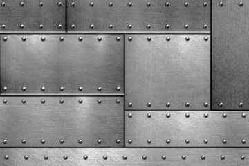 Polished metal background, steel plates with rivets - 306658589