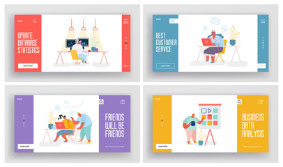 Obraz na płótnie Canvas Data Analysis Statistics, Internet Research, Development and Education Website Landing Page Set. Male and Female Business Character Working on Computer Web Page Banner Cartoon Flat Vector Illustration
