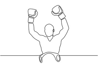 Continuous one line drawing of boxer raising his hands after winning a championship. Person as a winner. Athlete concept vector isolated on white background.