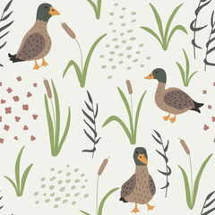 Hand drawn seamless pattern with Ducks and grass. Wild ducks in natural landscape repetitive background. Trendy vector illustration. © Viktoriia