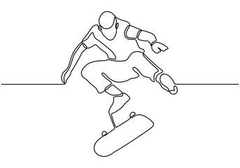Continuous one line drawing of skateboard player. Sport vector illustration theme. Person playing game for exercise and hobby isolated on white background. © ngupakarti