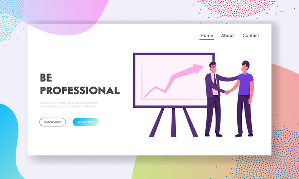 Director Congratulate Worker for Successful Work Website Landing Page. Boss Shaking Hand to Employee Standing at Chartboard with Growing Arrow Graph Web Page Banner. Cartoon Flat Vector Illustration