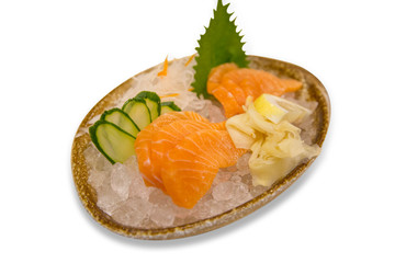 Top view of Japan food, Salmon in a bowl on focus selective.