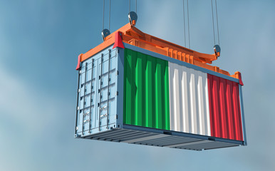 Fototapeta na wymiar Freight container with Italy national Flag design hanging on a spreader - 3D Rendering