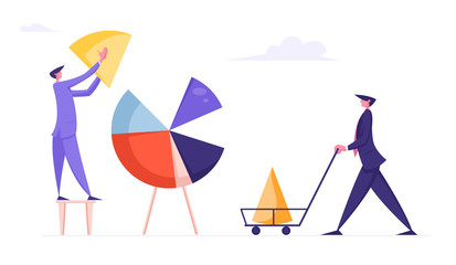 Financial Analytics, Statistics Concept. Business People Put Huge Pieces of Pie Chart Together. Man Pushing Cart with Graph Part. Corporate Analysing Cooperation. Cartoon Flat Vector Illustration