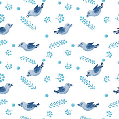 Watercolor seamless pattern with blue bird and blue branches and dots