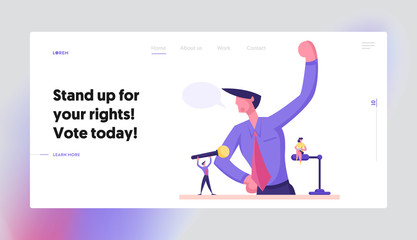 Political Conference Reportage Briefing Website Landing Page. Businessman Stand at Rostrum Speaking with Microphones. Man on Tribune Stage Debates Web Page Banner. Cartoon Flat Vector Illustration