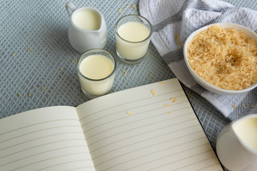 Fresh rice milk drink. Healthy nutritious vegetable milk. Homemade dairy themes