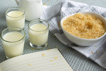 Fresh rice milk drink. Healthy nutritious vegetable milk. Homemade dairy themes