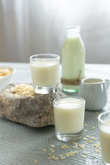 Fresh rice milk drink. Healthy nutritious vegetable milk. Homemade dairy themes