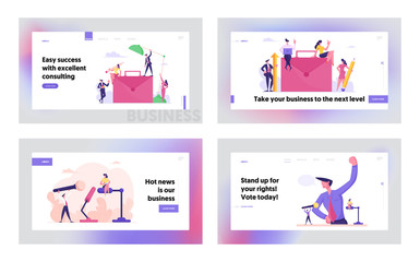 Fototapeta na wymiar Public Relation, Communication, Business Project Website Landing Page Set. People Working and Developing Startup, Discussion or Presidential Election Web Page Banner. Cartoon Flat Vector Illustration