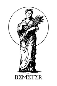 Demeter - the goddess of the harvest and agriculture in ancient Greek religion and mythology, woman with sheaf of grain in hands (vector black and white illustration)