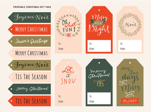 Printable personalized Merry Christmas gift tags. Holiday season vintage design with modern calligraphy, typography, lettering. Traditional Christmas artistic design