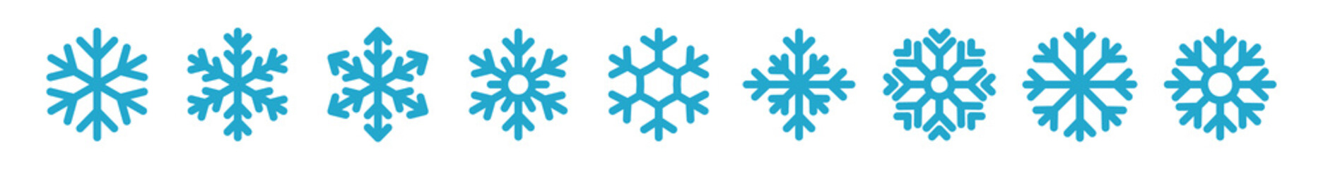 Frozen snowflake symbol collection vector illustration. SImple line blue snowflakes isolated on white background for abstract christmas celebration design or winter season decoration ornament