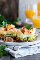 Orsini's egg for breakfast. Light healthy breakfast made from simple foods.