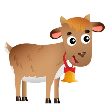 Color image of kid of goat with bell on white background. Farm animals. Vector illustration for kids.
