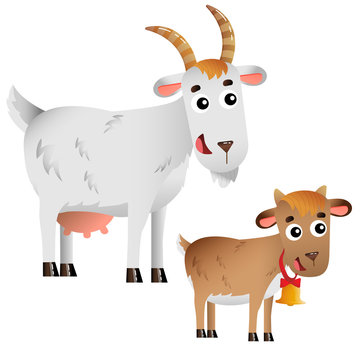 Color image of cartoon nanny goat with kid on white background. Farm animals. Vector illustration set for kids.