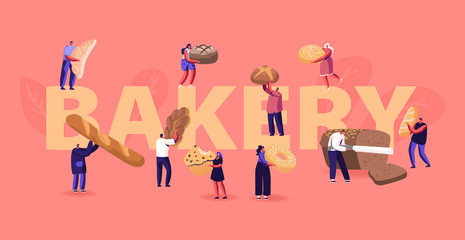 Fototapeta na wymiar People Eating and Cooking Bakery Concept. Tiny Characters Presenting Homemade Bread and Wide Choice of Fresh Baked Production for Purchase Poster Banner Flyer Brochure Cartoon Flat Vector Illustration