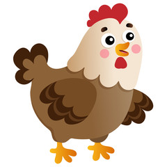 Color image of cartoon chicken or hen on white background. Farm animals. Vector illustration for kids.