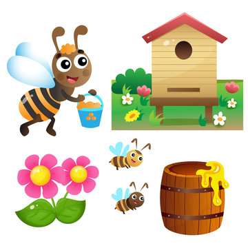 Color images of cartoon bee with honey and hive with flowers on white background. Vector illustration set for kids.