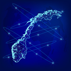 Global logistics network concept. Communications network map of Norway on the world background. Map of Norway with nodes in polygonal style. Vector illustration EPS10. 