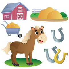 Color images of cartoon horse with horseshoes, of barn and hay on white background. Farm animals. Vector illustration set for kids.