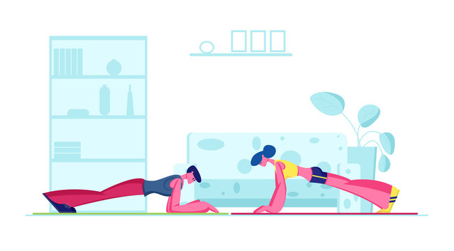 Young Fit Sporty Woman And Man Doing Plank At Home. Family Couple Hard Difficult Fitness Exercise Or Push Press Ups. Sports Training Endurance, Healthy Sport Workout. Cartoon Flat Vector Illustration