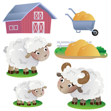 Color images of cartoon sheep with barn and hay on white background. Farm animals. Vector illustration set for kids.