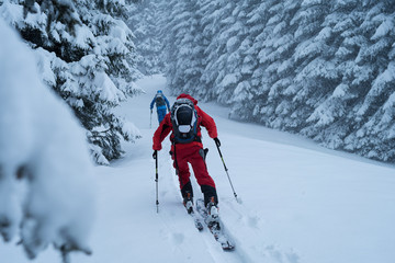 Backcountry skiers in a storm