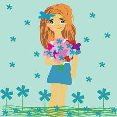 Obraz na płótnie Canvas Beautiful little girl with flowers. Girl with flowers cartoon. Happy child illustration.Summer vector illustration for greeting cards, kids fashion
