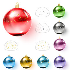 Colorful christmas balls with confetti. Vector illustration.