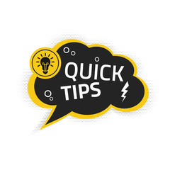 Quick Tips banner vector with light bulb and speech bubble isolated