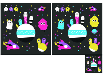 Children's puzzles, find 5 differences. Educational game for children. cosmic world, aliens