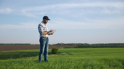 Farmer with a beard and a cap works on the field in spring, use a digital tablet. Farmer using...