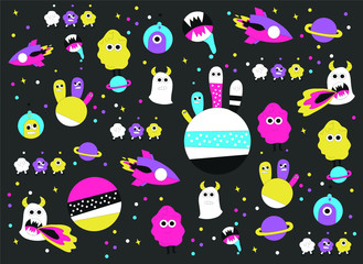 vector illustration, pattern, cartoon colored aliens
