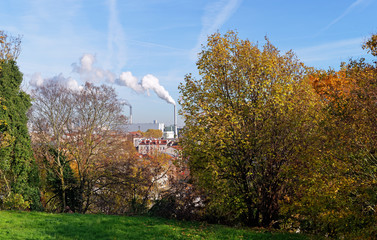 incinerator chimney in Paris suburb. Ivry sur Seine city