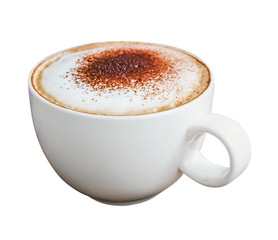 Cappuccino coffee in a white cup isolated on a white background.