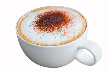 Cappuccino coffee in a white cup isolated on a white background.