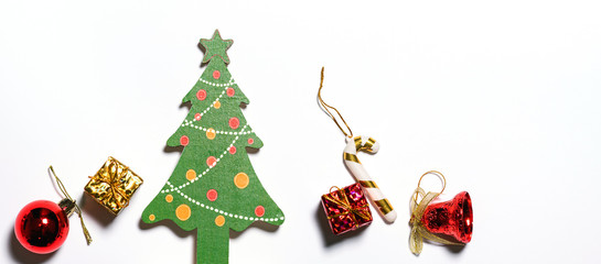 Christmas gift box flat lay on white background