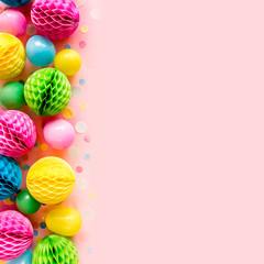 Balloons and confetti on pink background.  Birthday, holiday concept. Flat lay, top view. Birthday party background