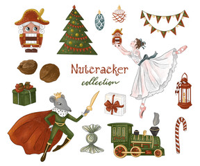 Nutcracker collection.The Nutcracker, balerina, Christmas tree, mouse, gifts, holiday decorations, children's toys. Hand-drawn illustration on white isolated background © scarlet_heath
