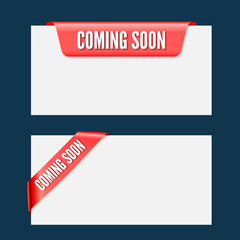 coming soon announcements on ribbons. Corner and straight sale elements. Red vector banners for design