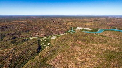 Fototapeta na wymiar Landscape aerial view of the Hunter River in Prince Frederick Harbor in the remote North Kimberley of Australia.