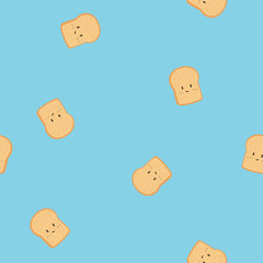Seamless pattern minimal bread on blue background. Doodle cartoon food.